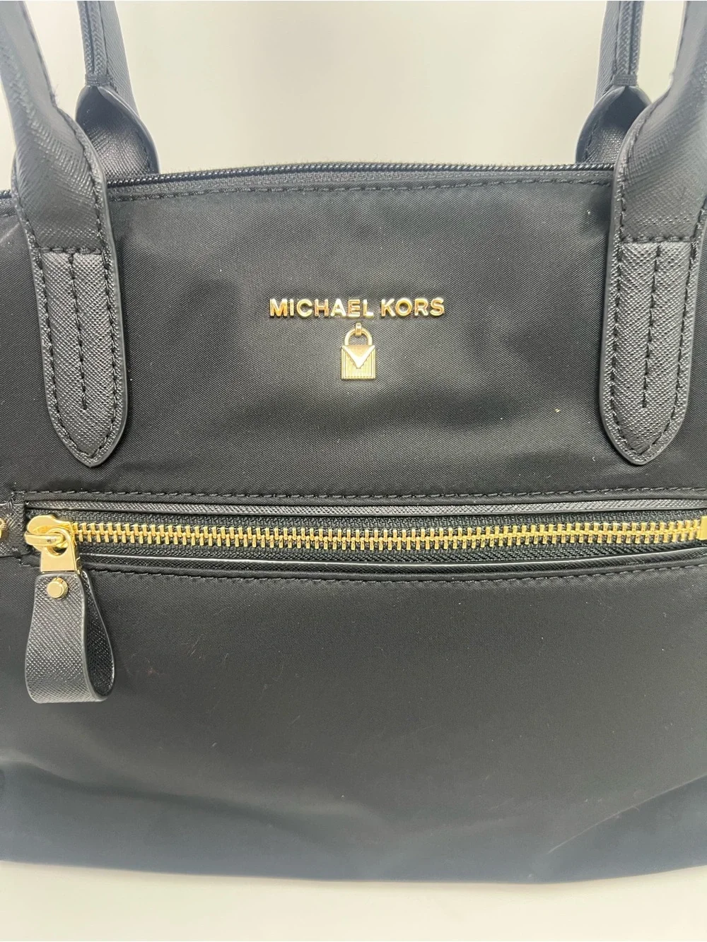 Michael Kors Black Nylon Tote Bag Gold Hardware Large Zip Shoulder Purse Light - Picture 4 of 12